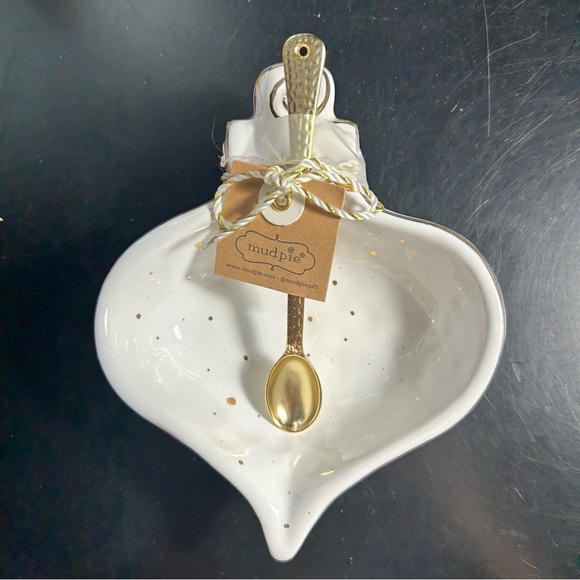 Mud Pie Other - Mud Pie Festive Cream Ornament Bowl with Gold Accents & Gold Serving Spoon